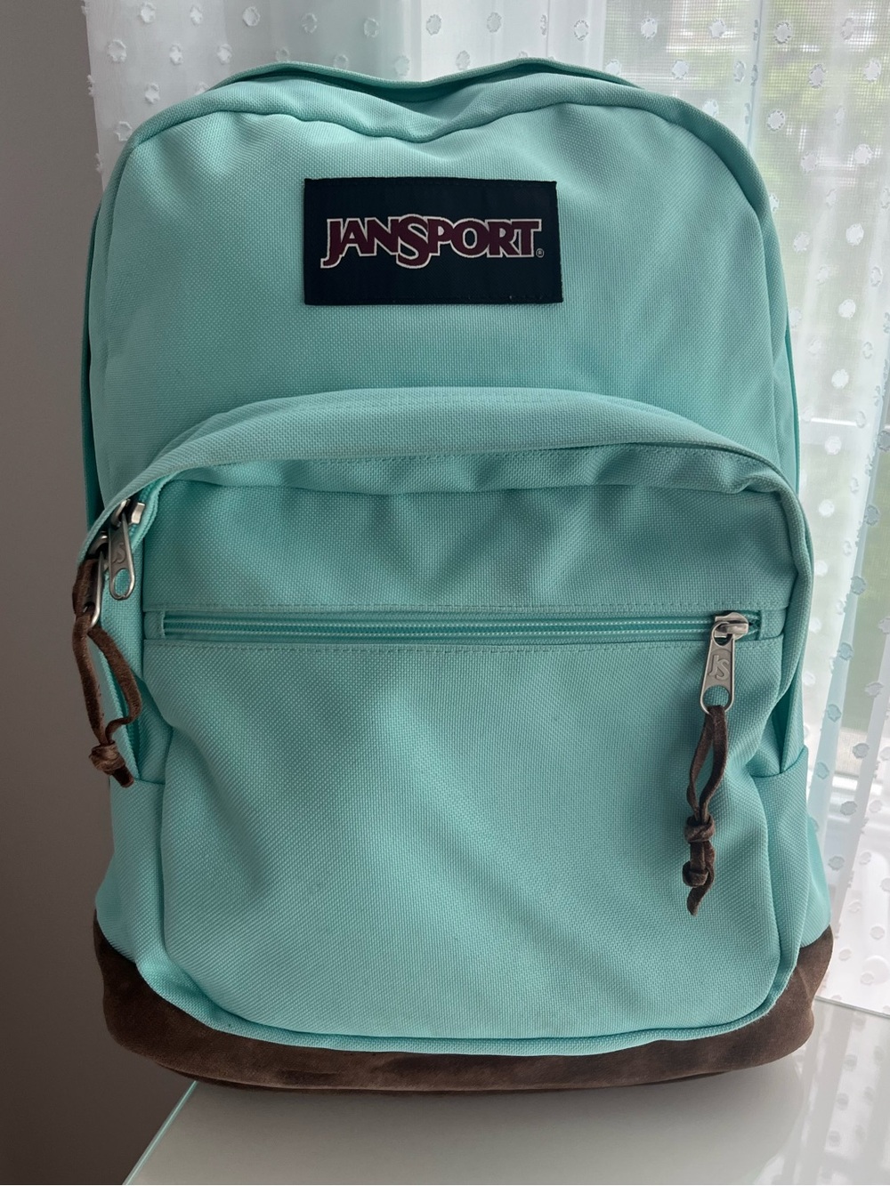 Jansport Mint Teal Student Backpack with Brown Suede Patch